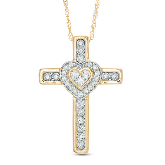 1/3 CT. T.W. Diamond Heart Cross Pendant in 10K Gold Cross Necklaces Necklaces Zales