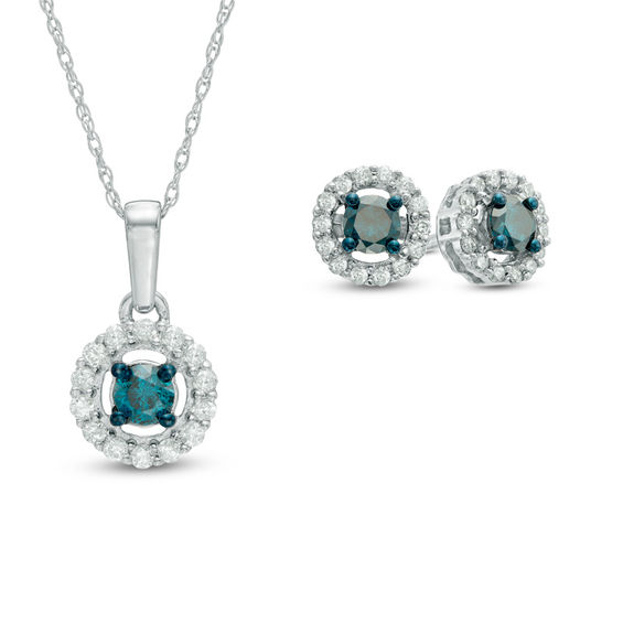 3 4 Ct T W Enhanced Blue And White Diamond Frame Pendant T W Enhanced Blue And White Diamond Frame Pendant Earrings Set