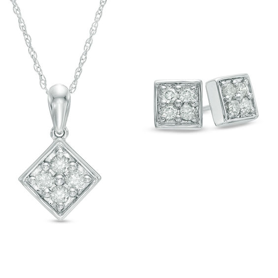 1 2 Ct T W Composite Diamond Square Pendant And Earrings Set In T W Composite Diamond Square Pendant And Earrings Set In 10k White