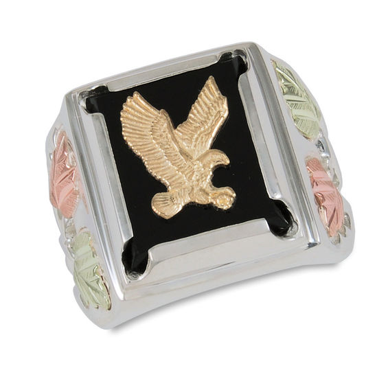 Men s Black Hills Gold Rectangular Onyx Eagle Ring in Sterling