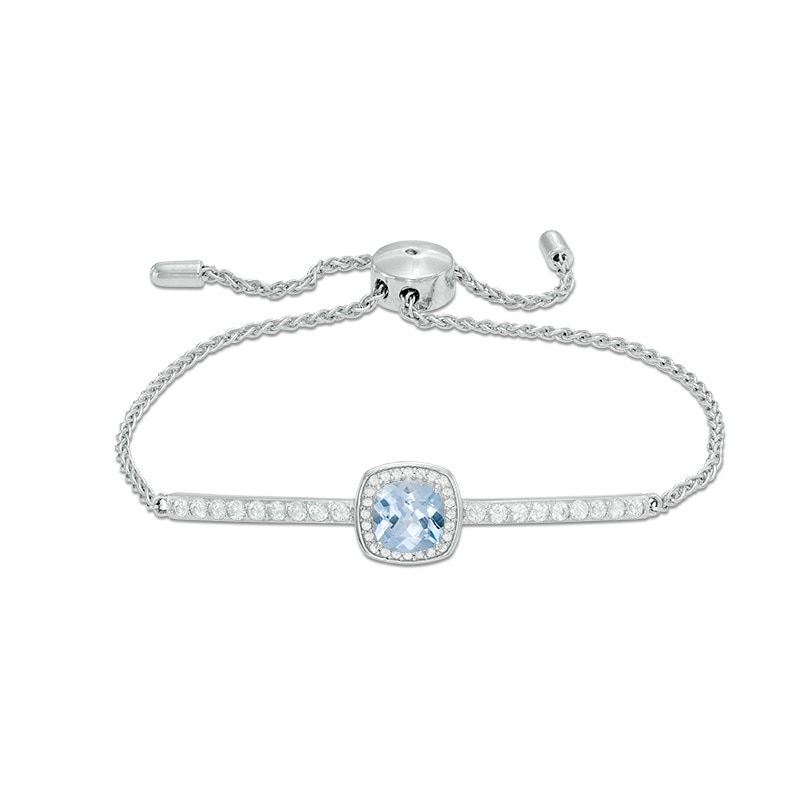7.0mm Cushion-Cut Lab-Created Blue Spinel and White Sapphire Frame Bolo Bracelet in Sterling Silver - 9.0"