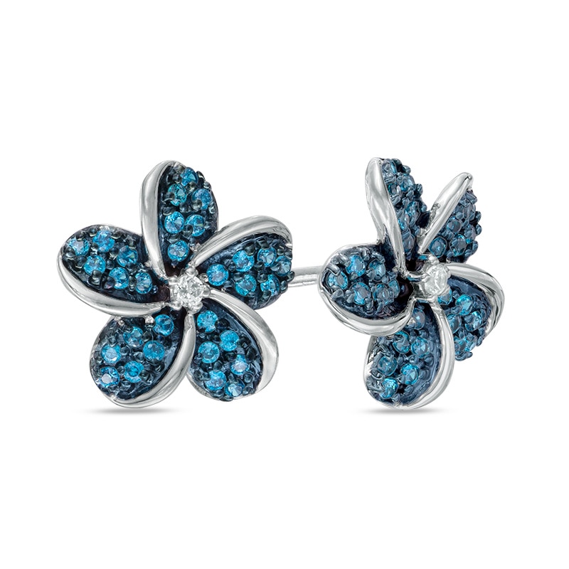 1/3 CT. T.W. Enhanced Blue and White Diamond Pinwheel Flower Stud Earrings in Sterling Silver