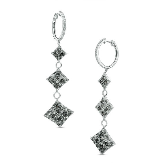 1 4 Ct T W Enhanced Black And White Diamond Three Square Drop T W Enhanced Black And White Diamond Three Square Drop Earrings In