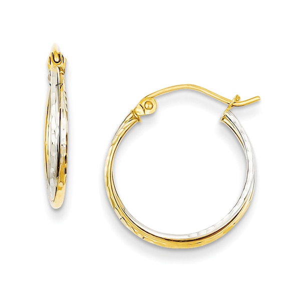14k White and Yellow Gold 2 Millimeter Two-Tone Twisted Double Row Hoop Earrings 21 Millimeter 