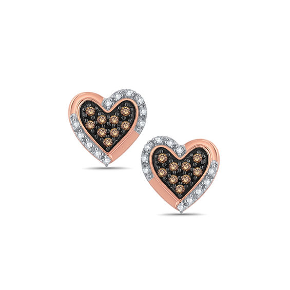Champagne and White Diamond Accent Heart Stud Earrings in 10K Rose Gold