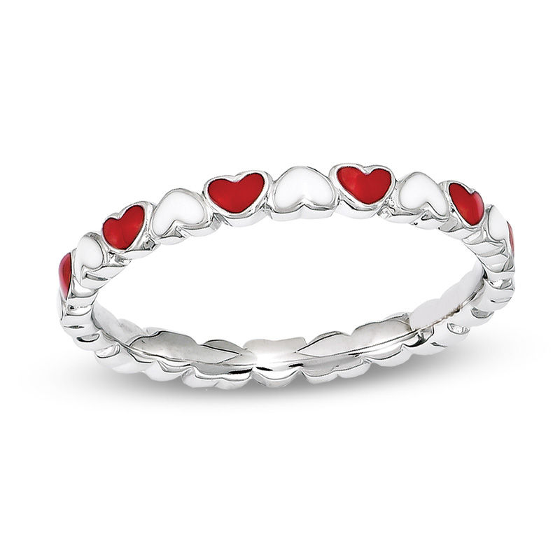 Stackable Expressions™ 2.5mm Red and White Enamel Alternating Hearts Ring in Sterling Silver