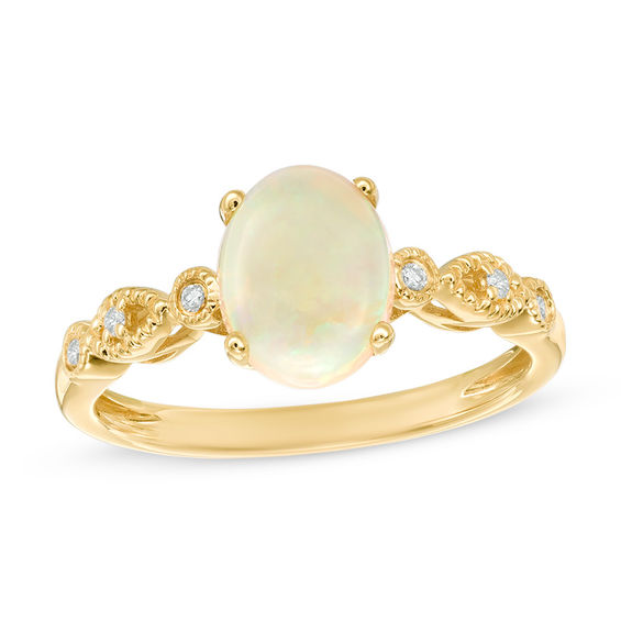 Oval Opal And Diamond Accent Vintage Style Ring In 10K Gold Oval Opal And Diamond Accent Vintage Style Ring In 10K Gold
