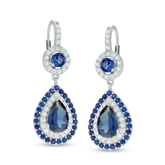 Pear Shaped Lab Created Blue And White Shire Frame Drop Earrings Pear Shaped Lab Created Blue And White Shire Frame Drop Earrings In Sterling Silver