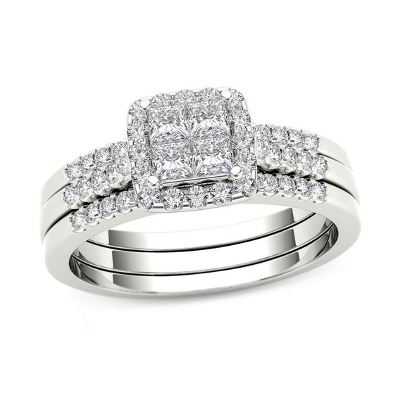 3/4 CT. T.W. Quad PrincessCut Diamond Frame Three Piece Bridal Set in 14K White Gold Bridal