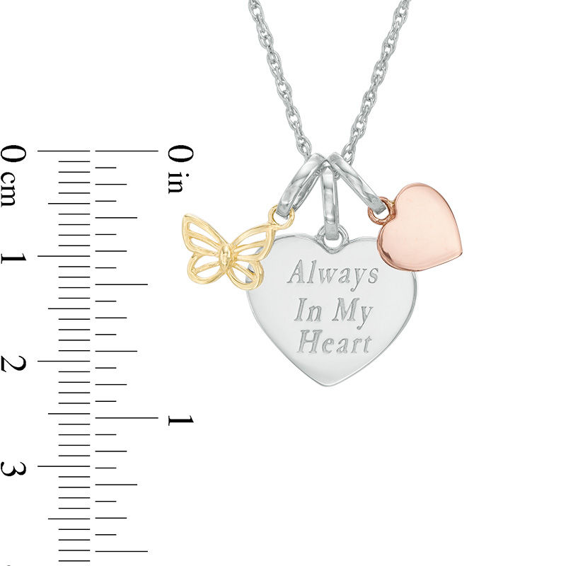 Three Piece Butterfly, Heart, and "Always In My Heart" Charms Pendant in Sterling Silver and 10K Two-Tone Gold