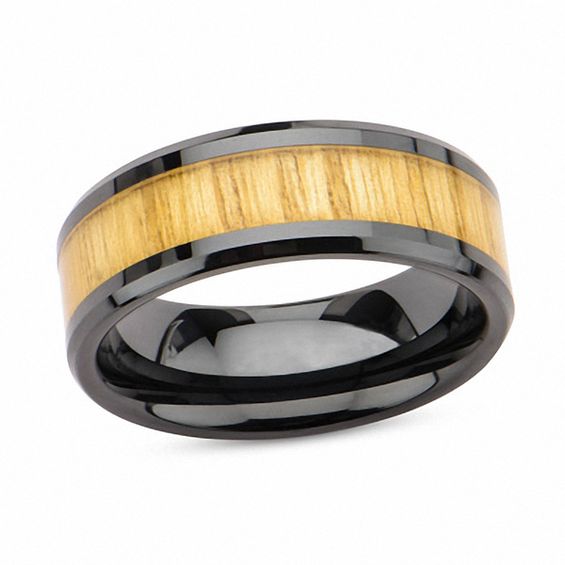 Men's 8.0mm Ash Wood Inlay Beveled Edge Band in Black Ceramic Online