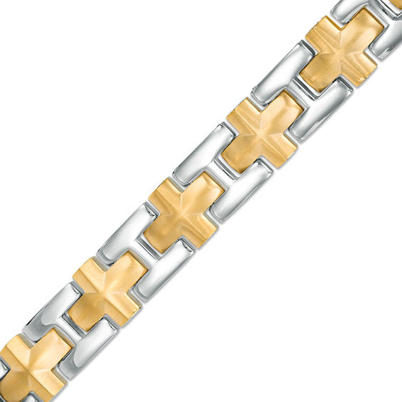 Men's 13.0mm Cross Link Bracelet in Stainless Steel with Yellow IP 8.