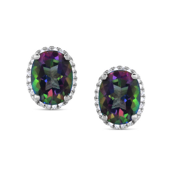 Oval Mystic Fire Topaz And 1 6 Ct T W Diamond Frame Stud Earrings Oval Mystic Fire Topaz And 1 6 Ct T W Diamond Frame Stud Earrings In 14k White Gold