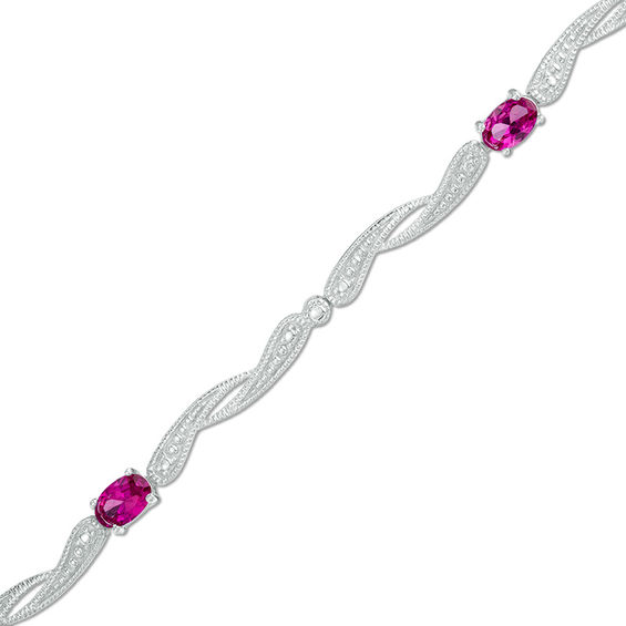 Oval LabCreated Ruby Bypass Link Bracelet in Sterling Silver 7.25