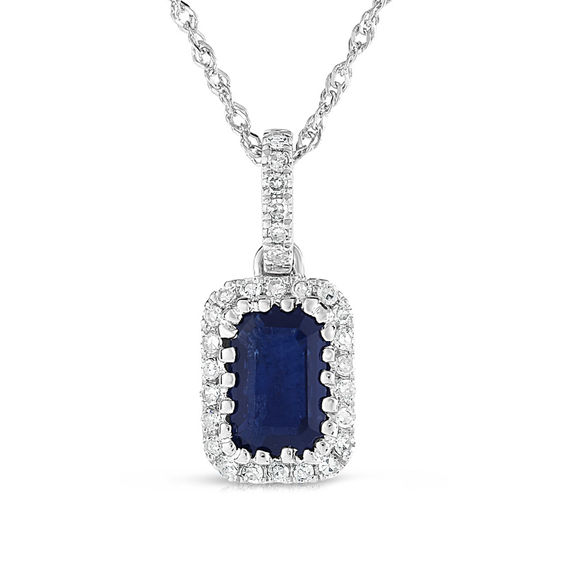 Emerald Cut Blue Sapphire And Diamond Accent Frame Pendant In 14k Emerald Cut Blue Sapphire And Diamond Accent Frame Pendant In 14k White Gold