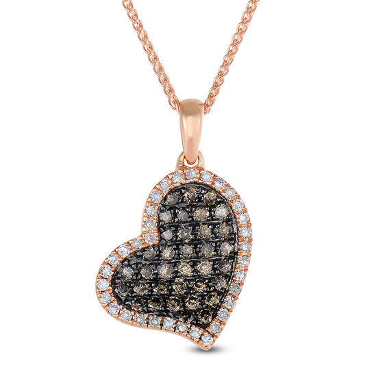 1/3 CT. T.W. Champagne and White Diamond Tilted Heart Pendant in 14K