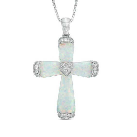 LabCreated Opal and Diamond Accent VintageStyle Cross Pendant in