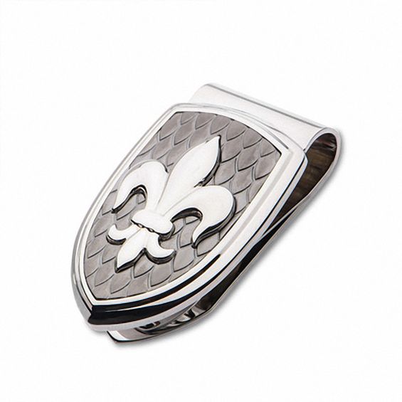 Men's FleurdeLis Carbon Fiber Shield Money Clip in Stainless Steel