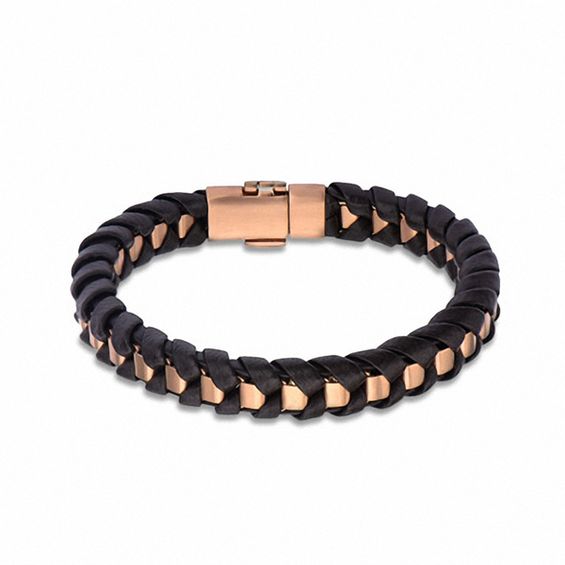 Men S Woven Brown Leather Bracelet In Stainless Steel With Rose Ip Men S Woven Brown Leather Bracelet In Stainless Steel With Rose Ip