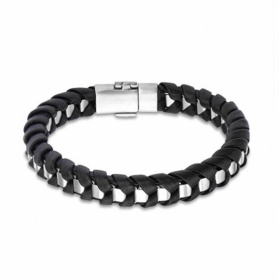 Men's Woven Black Leather Bracelet in Stainless Steel 8.5" View All