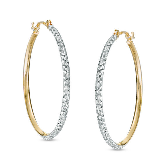 14k Two-tone Diamond Cut Polished Oval Hoop Earring