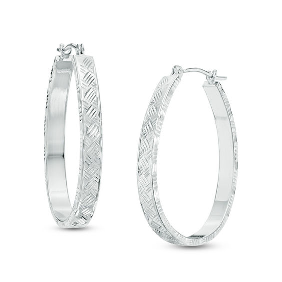 Diamond Cut Pear Shaped Basket Weave Hoop Earrings In 14k White Gold Diamond Cut Pear Shaped Basket Weave Hoop Earrings In 14k White Gold