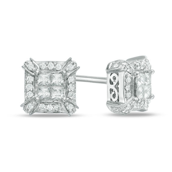 1 4 Ct T W Quad Princess Cut Diamond Frame Stud Earrings In 10k T W Quad Princess Cut Diamond Frame Stud Earrings In 10k
