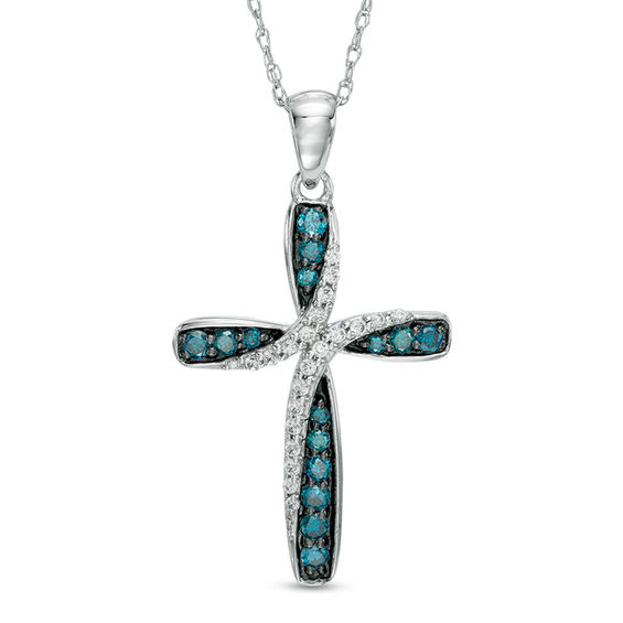 1/3 CT. T.W. Enhanced Blue and White Diamond Cross Pendant in Sterling Silver Diamond
