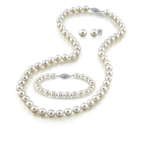 Bracelet 8.0 and Stud Earrings Jewelry Set Base-metal-clasp 7.5-8.0 mm Freshwater Cultured Pearl Necklace 20