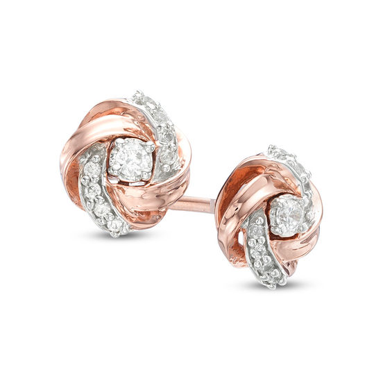 Shiny & Diamond Cut 2 Row Loveknot Stud Earrings Real 10K Tri-Color Gold 