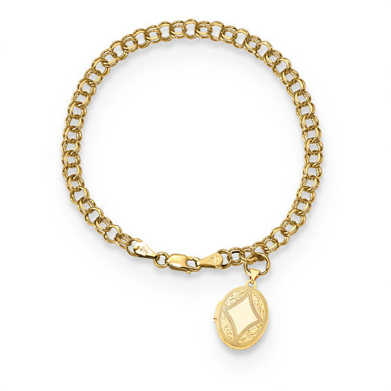 Vintage Style Scroll Oval Locket Charm Bracelet In 14k Gold View Vintage Style Scroll Oval Locket Charm Bracelet In 14k Gold