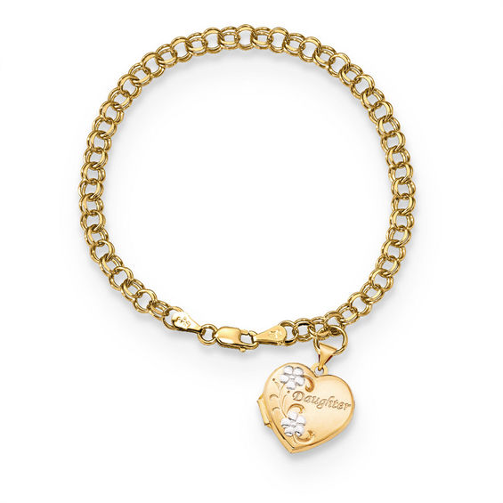 Daughter With Flowers Heart Shaped Locket Charm Bracelet In 14k Two With Flowers Heart Shaped Locket Charm Bracelet In 14k Two Tone