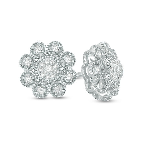 1 5 Ct T W Diamond Flower Vintage Style Stud Earrings In 10k White T W Diamond Flower Vintage Style Stud Earrings In 10k White