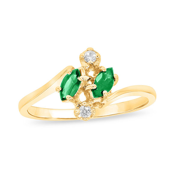 Marquise Emerald and Diamond Accent Bypass Ring in 14K Gold