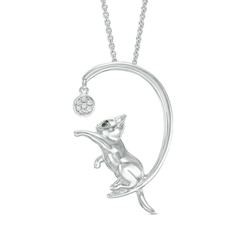 Enhanced Black and White Diamond Accent Cat with Ball Pendant in Sterling Silver