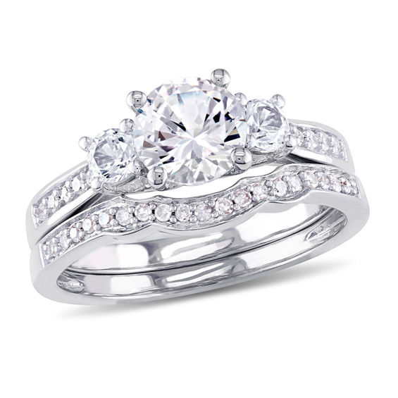 Dazzlingrock Collection 10K Gold White Sapphire Black & White Diamond 3 Stone Bridal Engagement Ring Set 