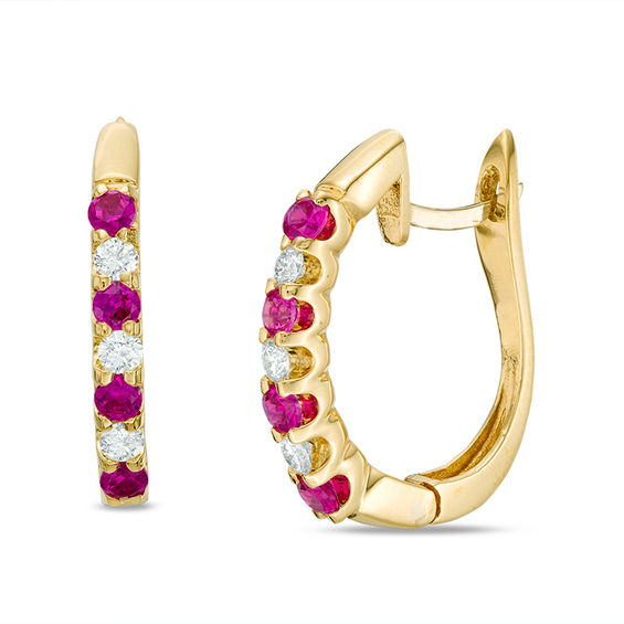 LabCreated Ruby and 1/5 CT. T.W. Diamond Hoop Earrings in 10K Gold