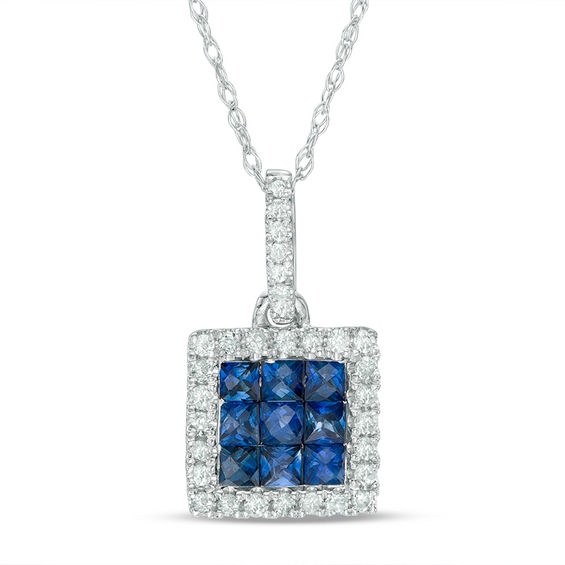 Princess-Cut Blue Sapphire and 1/8 CT. T.W. Diamond Square Frame Pendant in 14K White Gold Princess-Cut Blue Sapphire and 1/8 CT. T.W. Diamond Square Frame Pendant in 14K White Gold