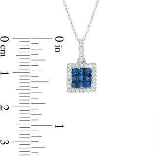 Princess-Cut Blue Sapphire and 1/8 CT. T.W. Diamond Square Frame Pendant in  14K White Gold