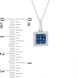 Princess-Cut Blue Sapphire and 1/8 CT. T.W. Diamond Square Frame Pendant in 14K White Gold Princess-Cut Blue Sapphire and 1/8 CT. T.W. Diamond Square Frame Pendant in 14K White Gold