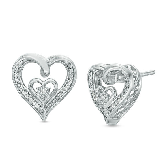 Diamond Accent Double Heart Stud Earrings in Sterling Silver Diamond