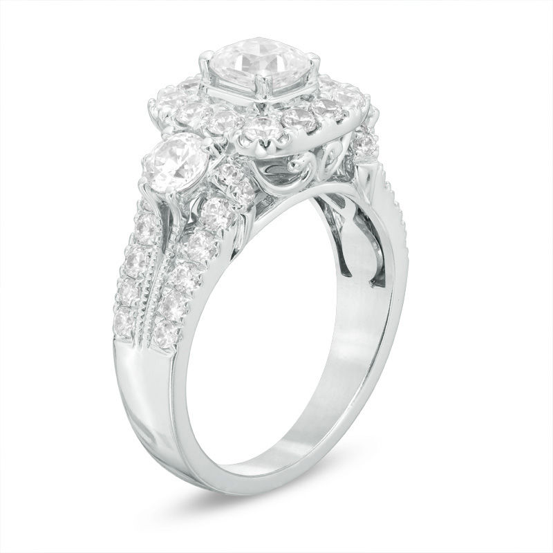Celebration Ideal 2 CT. T.W. Cushion-Cut Diamond Three Stone Frame Engagement Ring in 14K White Gold (I/I1)
