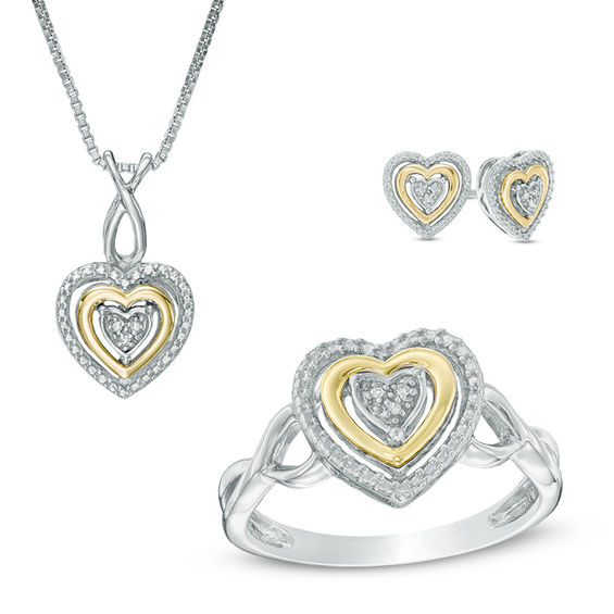 Diamond Accent Heart Pendant Ring And Earring Set In Sterling Diamond Accent Heart Pendant Ring And Earring Set In Sterling Silver 10k Gold