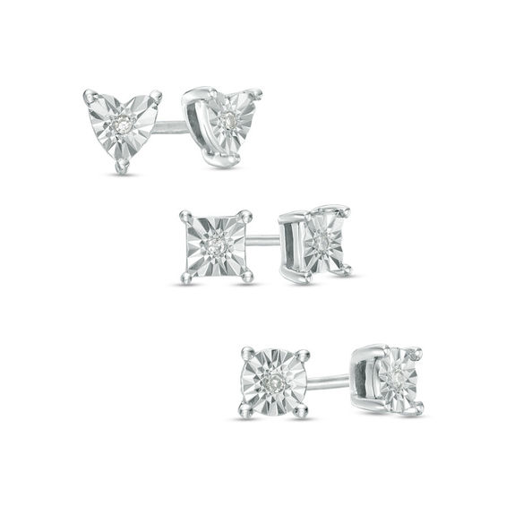 Diamond Accent Three Pair Stud Earrings Set In Sterling Silver Diamond Accent Three Pair Stud Earrings Set In Sterling Silver