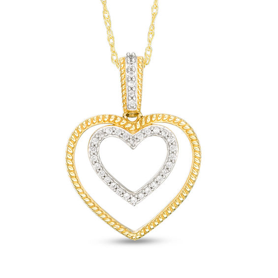 1/10 CT. T.W. Diamond and Rope-Textured Double Heart Pendant in 10K