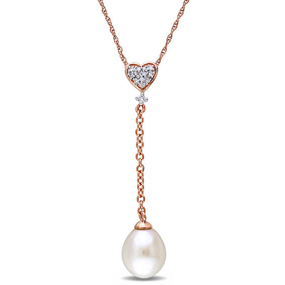 Zales 8.0 - 8.5mm Baroque Cultured Freshwater Pearl and Diamond Accent Heart Y Necklace in 10K Rose Gold