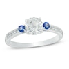 Thumbnail Image 0 of 6.25mm Lab-Created White and Blue Sapphire Vintage-Style Three Stone Ring in Sterling Silver