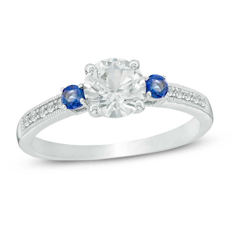 6.25mm Lab-Created White and Blue Sapphire Vintage-Style Three Stone Ring in Sterling Silver