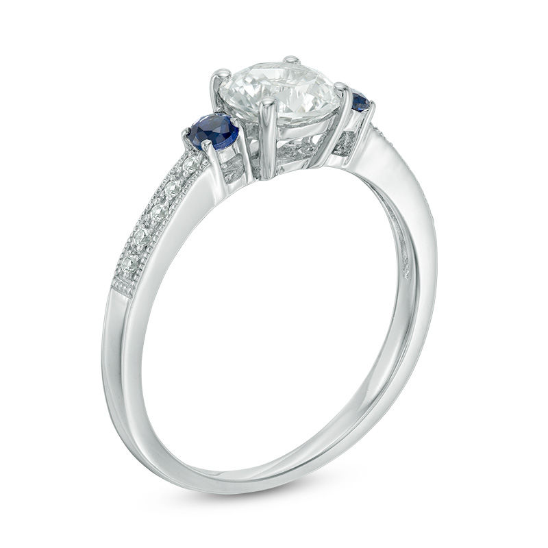 6.25mm Lab-Created White and Blue Sapphire Vintage-Style Three Stone Ring in Sterling Silver