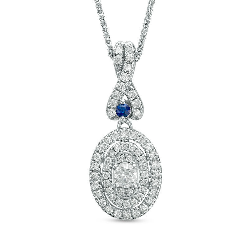 Vera Wang Love Collection 1/2 CT. T.W. Diamond and Blue Sapphire Oval Frame Pendant in 14K White Gold - 19"